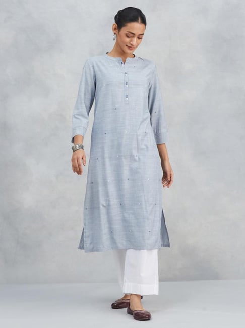 Fabindia Blue Cotton Blend Hand Woven Long Kurta-picture-40
