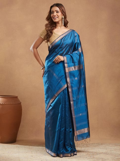 Fabindia Blue Silk Blend Jamdani Saree-picture-27