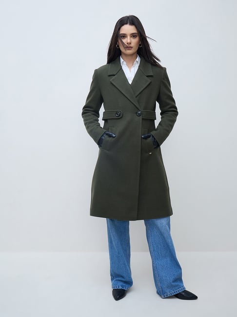 Elle Women Olive Solid Lapel Collar Overcoat-picture-29