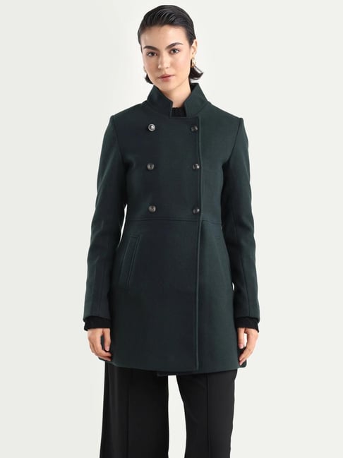 RAREISM Norint Dark Teal Polyester Mandarin Collar Fitted Coat-picture-21