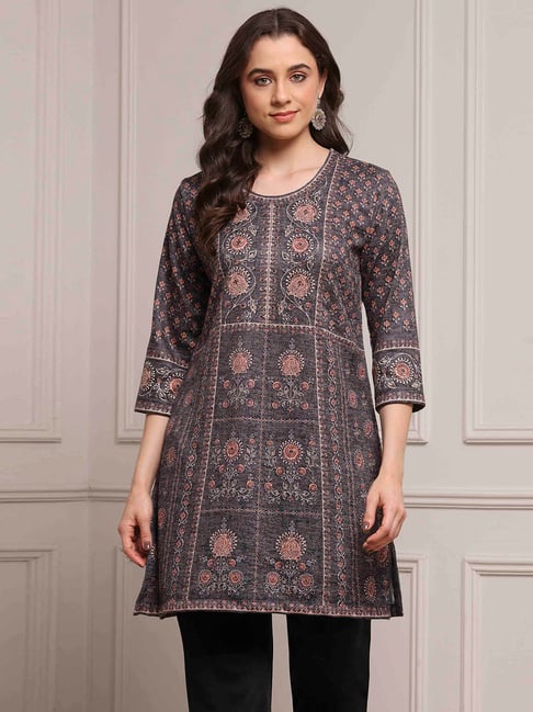 Biba Grey & Brown Regular Fit Printed Kurta-picture-17