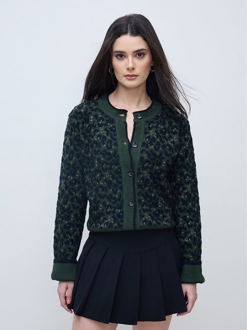 Elle Women Green Textured Round Neck Sweater