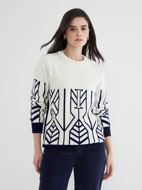 Iconic Women White Textured Round Neck Sweater