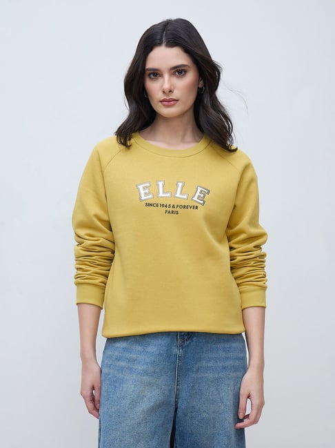 Elle Women Yellow Solid Round Neck Sweatshirt