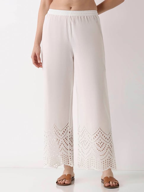 Biba White Cotton Straight Fit Dyed Palazzos-picture-36