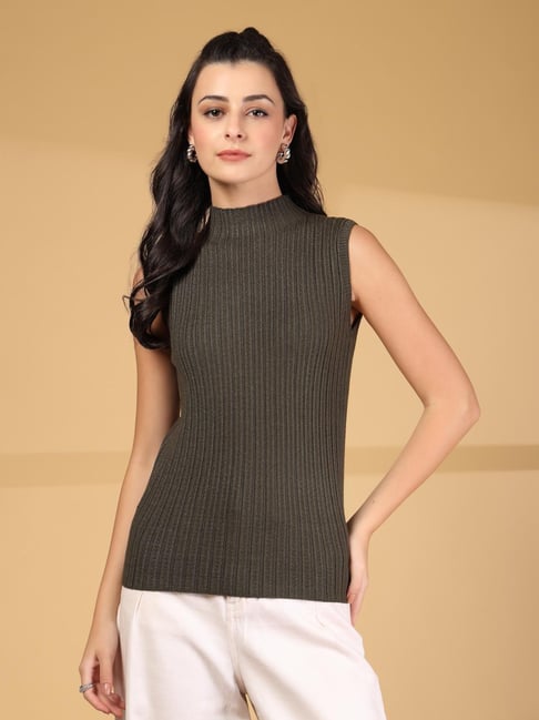 Mafadeny Green Regular Fit Striped Top