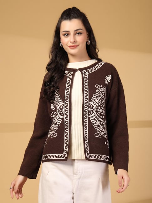Mafadeny Coffee Brown Regular Fit Embroidered Jacket-picture-33