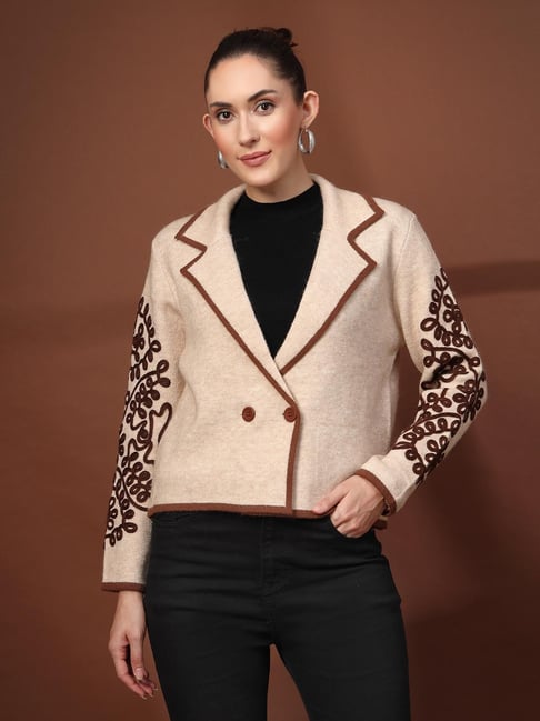 Mafadeny Brown Regular Fit Embroidered Blazer-picture-10