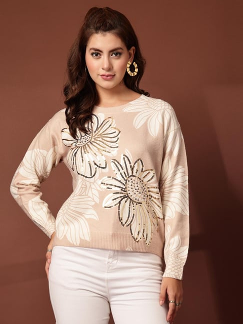 Mafadeny Beige Regular Fit Embellished Top