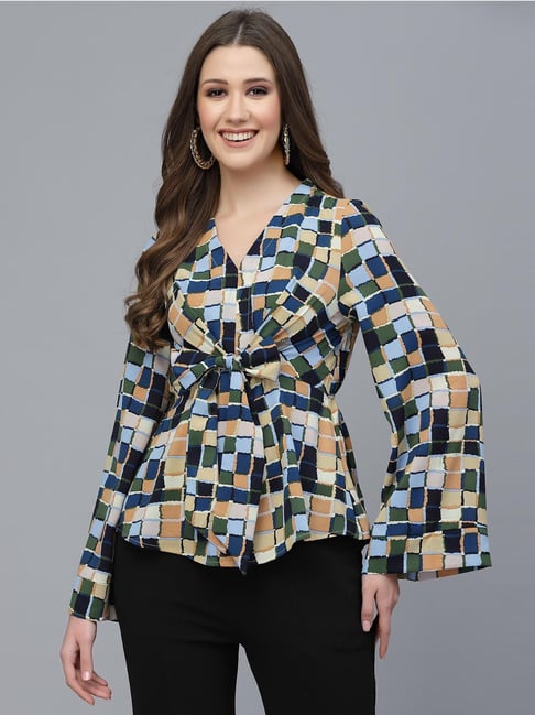 Mafadeny Blue Regular Fit Printed Top