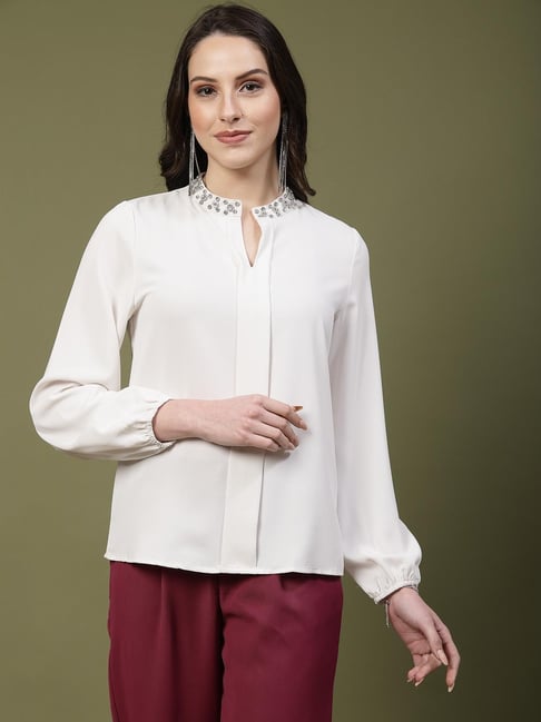 Mafadeny Cream Regular Fit Chequered Top