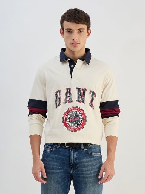 Gant Men Beige Logo Pure Cotton Collared Ruggers-picture-40