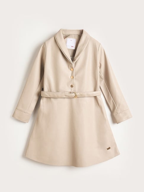 Elle Girls Beige Solid Lapel Collar Dress