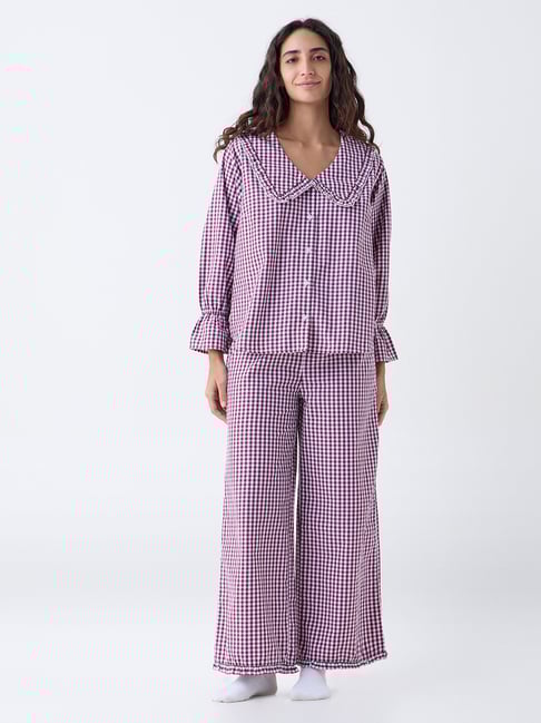 Wunderlove by Westside Plum Checkered Cotton-Blend Shirt and Pyjama Set-picture-45