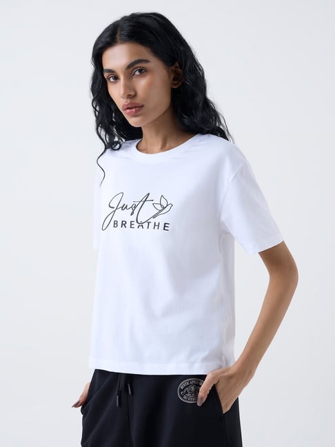 Studiofit by Westside White Text Printed Cotton T-Shirt