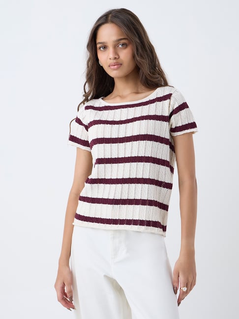 LOV by Westside Burgundy Striped Cotton-Blend Top