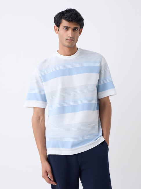 WES Lounge by Westside Blue Striped Relaxed-Fit Cotton T-Shirt
