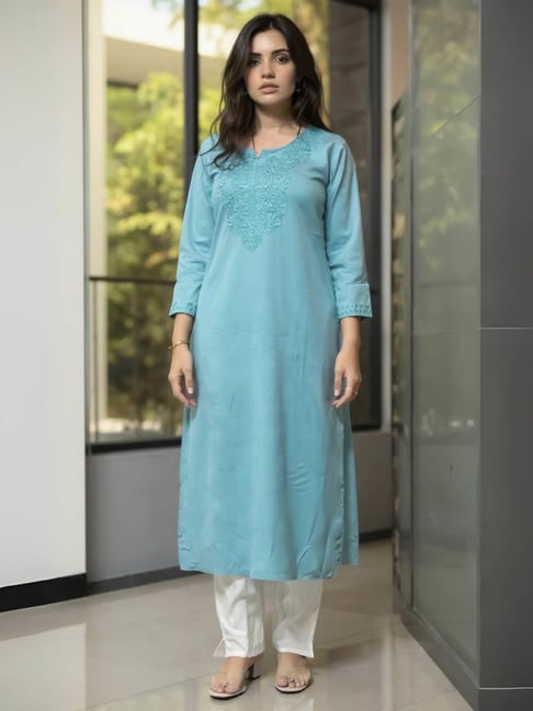 Indo Era Blue Regular Fit Embroidered Kurta