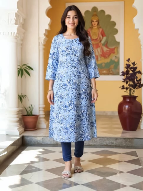 Indo Era Blue Cotton Regular Fit Printed Kurta-picture-29