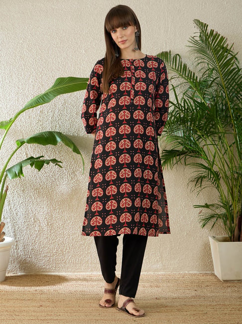 Indo Era Black Linen Regular Fit Printed Kurta-picture-14