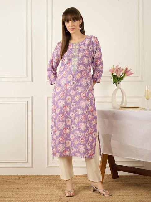 Indo Era Lavender Cotton Regular Fit Printed Kurta-picture-36
