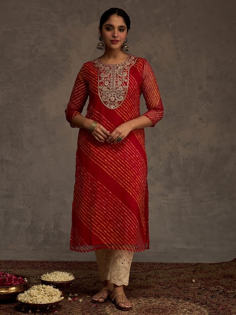 Indo Era Red Regular Fit Printed Kurta-image-49