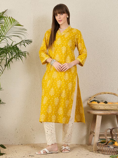 Indo Era Yellow Cotton Regular Fit Printed Kurta-picture-23