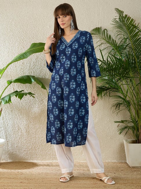 Indo Era Blue Cotton Regular Fit Printed Kurta-picture-30