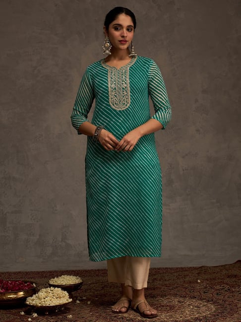 Indo Era Sea Green Regular Fit Printed Kurta-picture-30