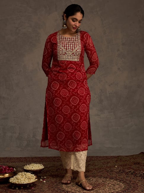 Indo Era Red Regular Fit Printed Kurta-image-18