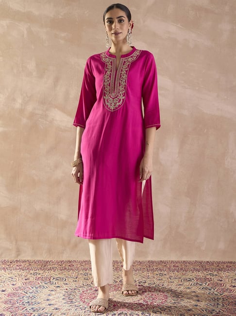 Indo Era Pink Regular Fit Embroidered Kurta-image-24