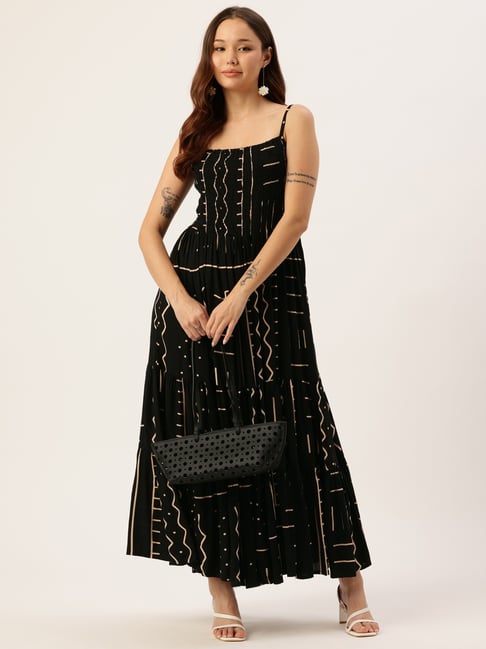 Amukti Black Rayon Printed Regular Fit Midi Dress