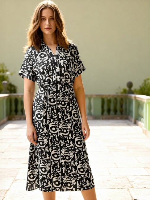 Bewakoof Women's Black & White All Over Printed Relaxed Fit Shirt Dress