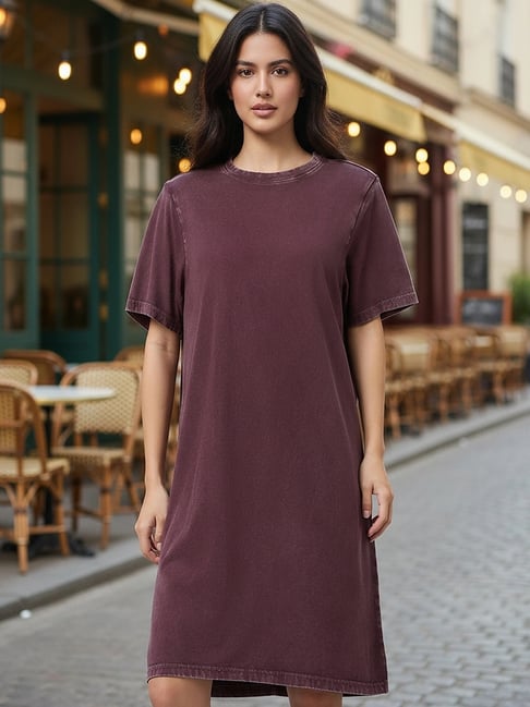 Bewakoof Women's Chocolate Brown Acid Wash T-Shirt Dress