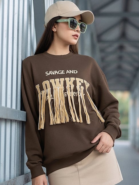 Bewakoof Women's Brown Embroidered Oversized Sweatshirt-picture-17