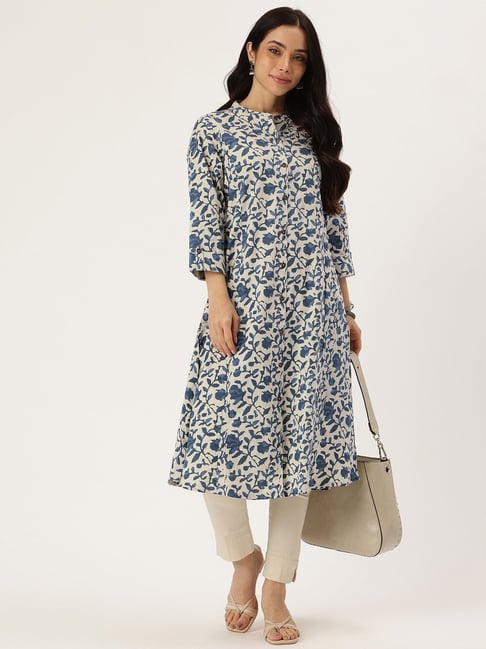Amukti Beige & Blue Linen Floral Print Kurta-picture-19