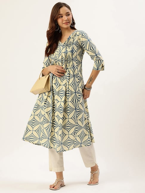 Amukti Beige & Blue Cotton Printed Kurta-picture-26