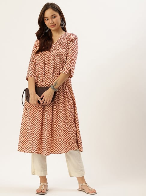 Amukti Beige & Red Cotton Printed Kurta-picture-20