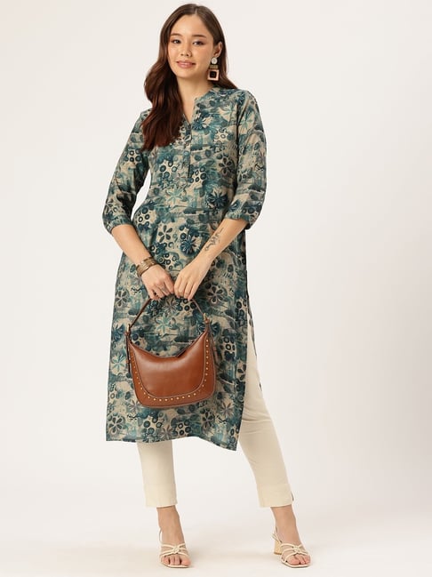 Amukti Beige Modal Floral Print Kurta-picture-28