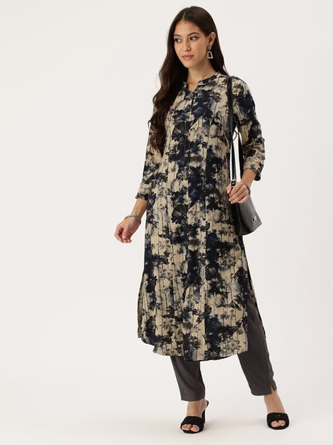 Amukti Beige & Navy Rayon Floral Print Kurta-picture-15