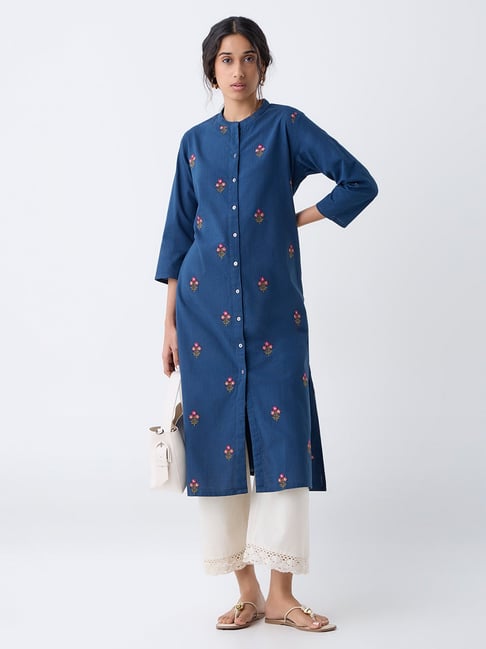 Utsa by Westside Blue Floral Embroidered A-Line Cotton Kurta-picture-10