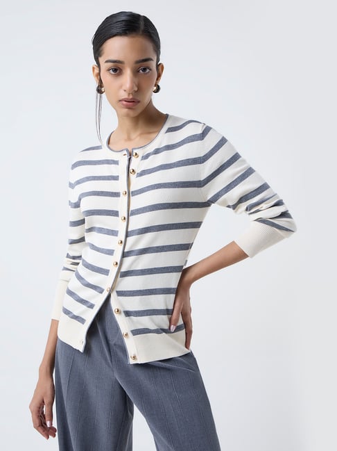 Wardrobe by Westside Cream Striped Cardigan