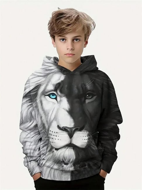 Bolly Lounge Boys Grey Regular Fit Printed Hooded Sweatshirt