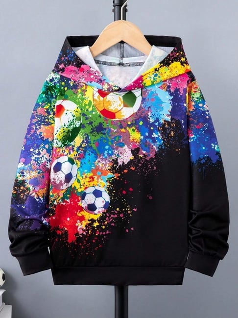 Bolly Lounge Boys Black Regular Fit Printed Hooded Sweatshirt