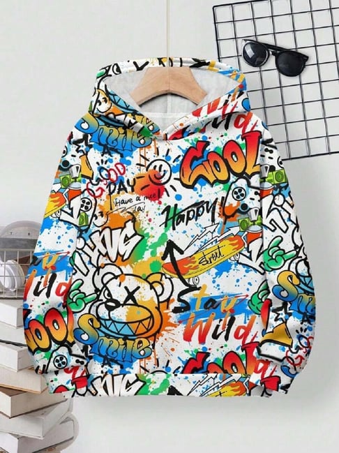 Bolly Lounge Boys White Regular Fit Printed Hooded Sweatshirt