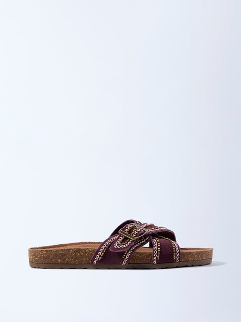 LUNA BLU by Westside Burgundy Buckle-Detailed Slip-On Suede Leather Sandals