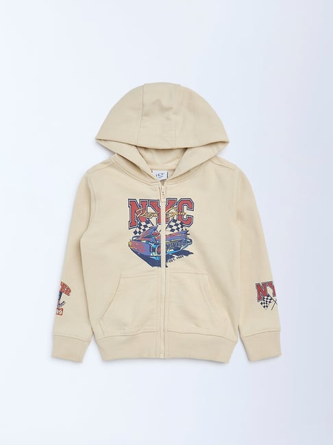 HOP Kids by Westside Beige Printed Cotton-Blend Hooded Jacket