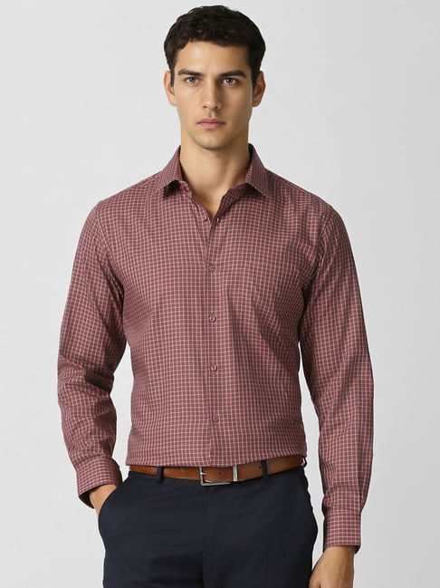 Van Heusen Maroon Cotton Regular Fit Chequered Formal Shirt