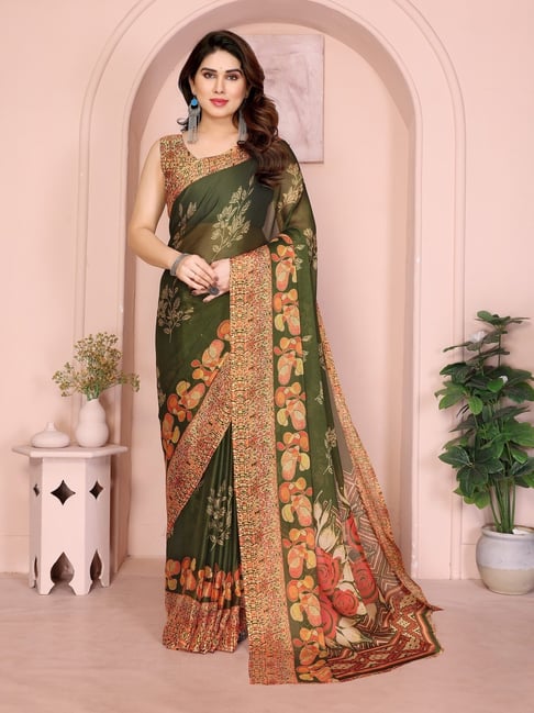 FABMORA Olive Floral Saree with Unstitched Blouse-picture-12