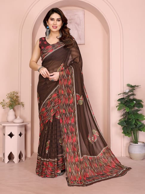 FABMORA Coffee Floral Saree with Unstitched Blouse-picture-37